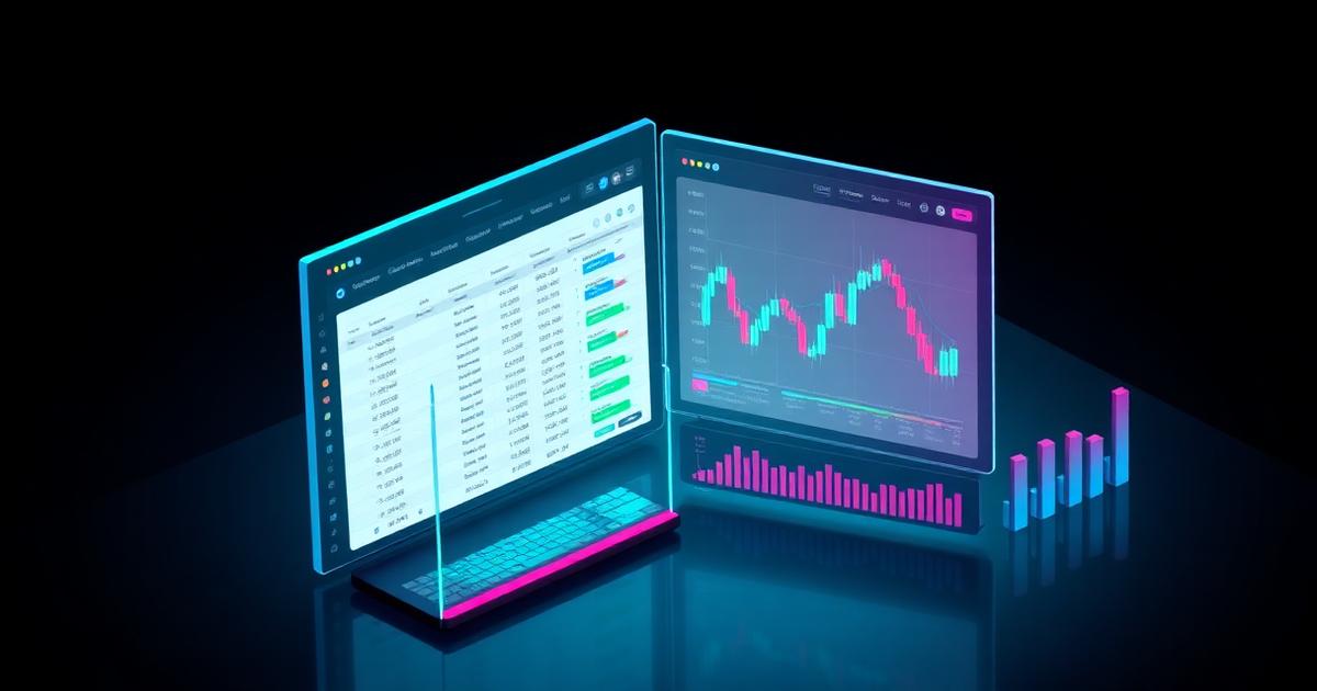 Isometric trading platform interface with order book and candlestick charts