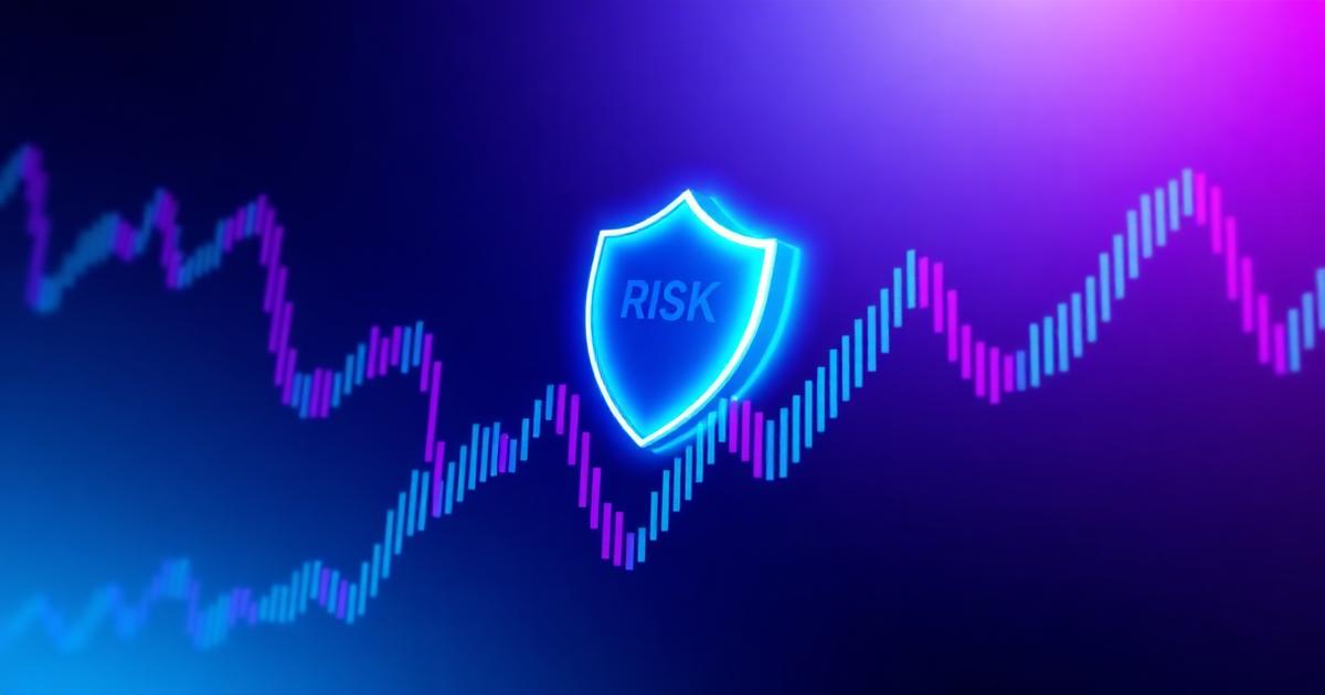 Glowing risk management shield over rising and falling trading chart lines
